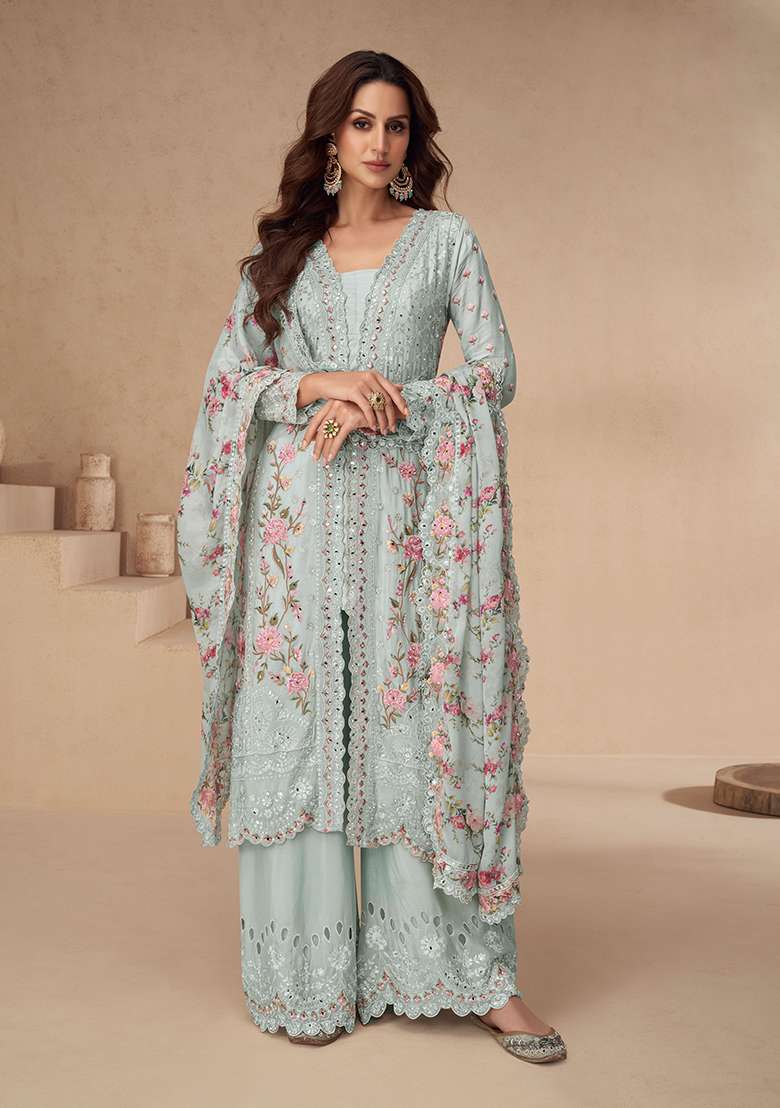 Blue Embroidered Silk Salwar Kameez - Indya