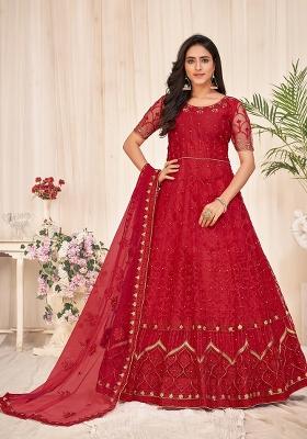 Red Net Embroidered Anarkali Set With Dupptta