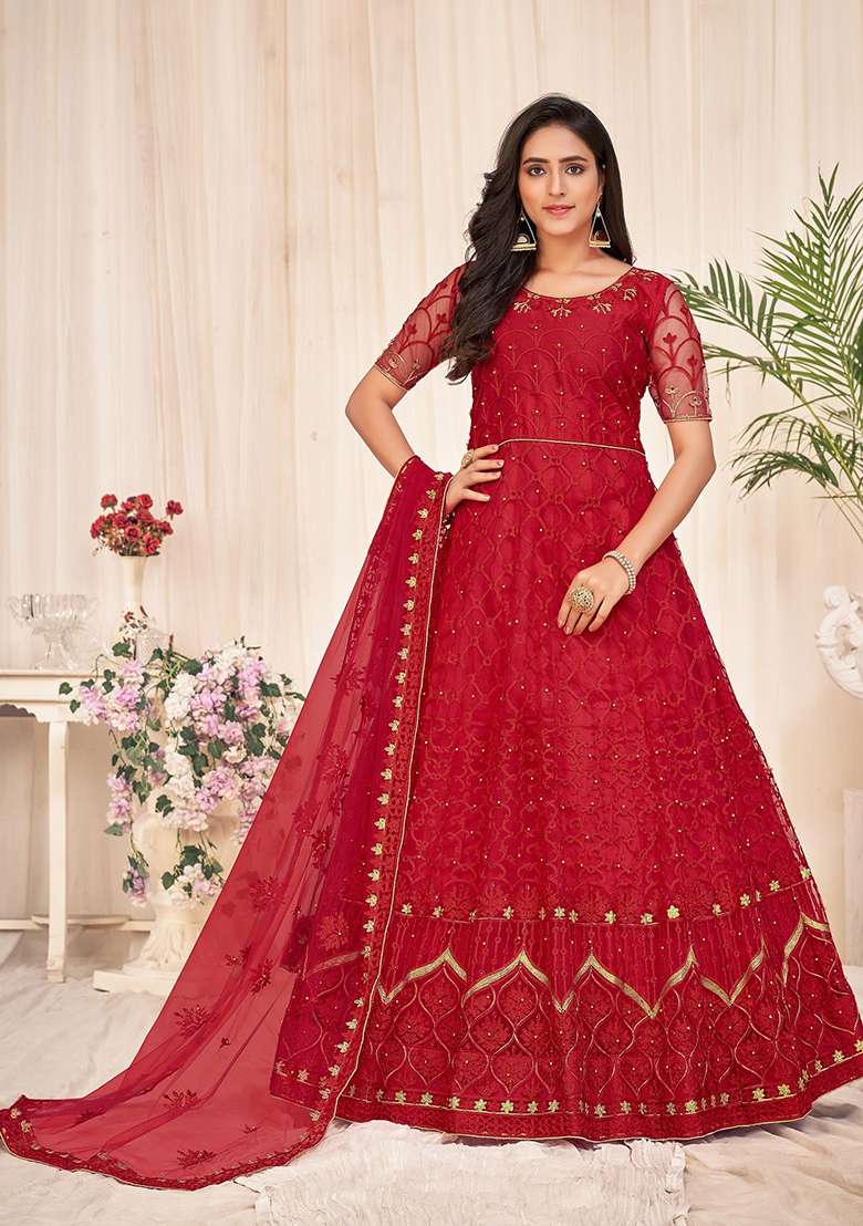 Red Embroidered Net Anarkali With Dupatta - Indya