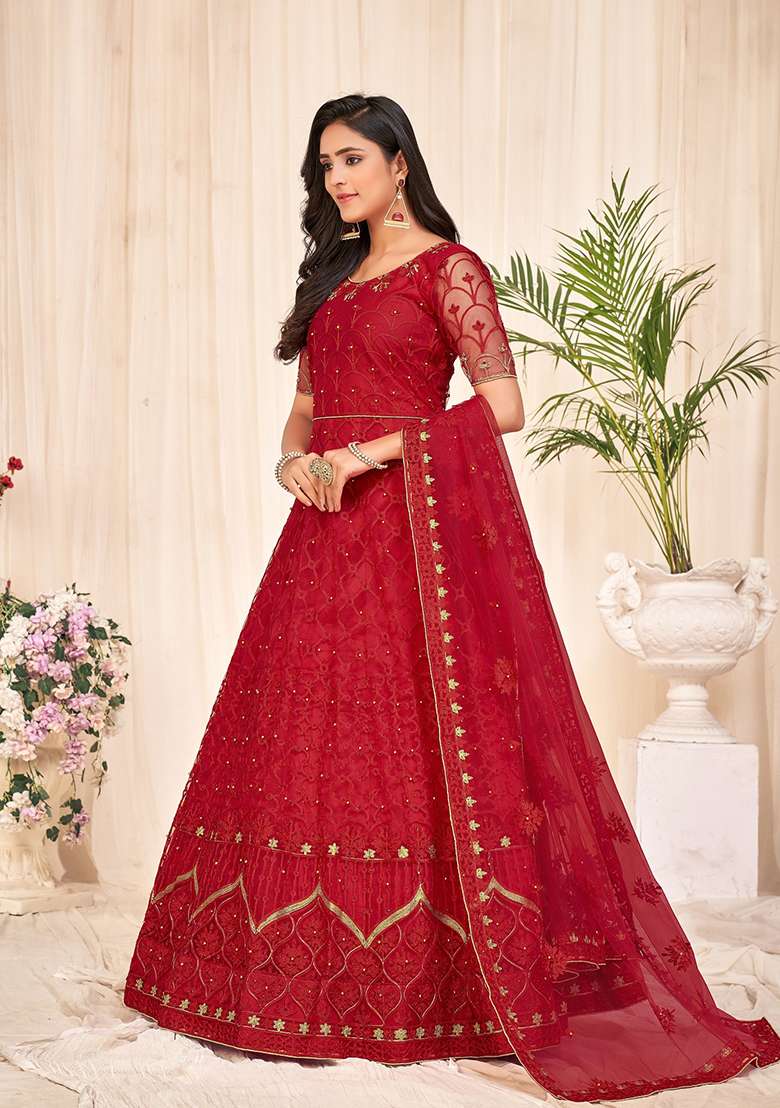Red Embroidered Net Anarkali With Dupatta - Indya