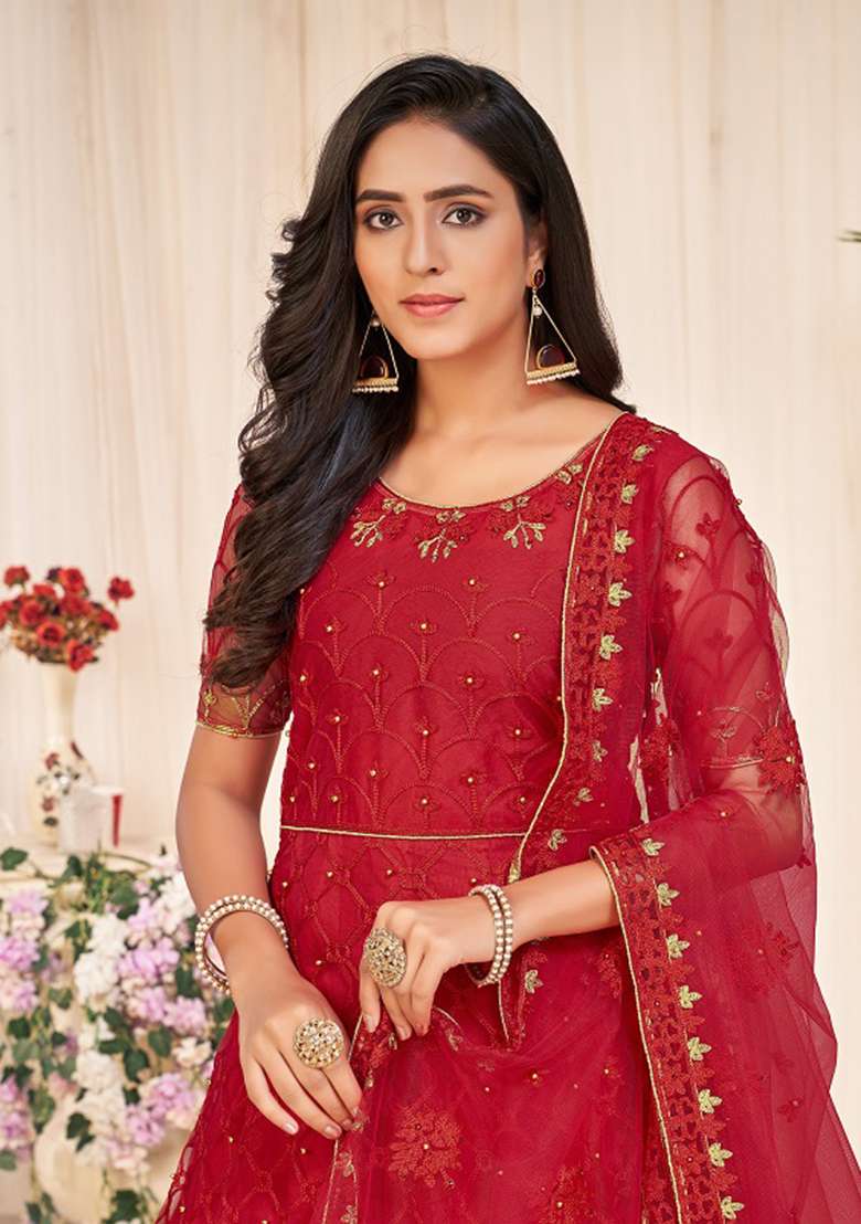 Red Embroidered Net Anarkali With Dupatta - Indya