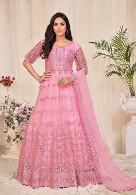 Dusty Pink Net Embroidered Anarkali Set With Dupptta