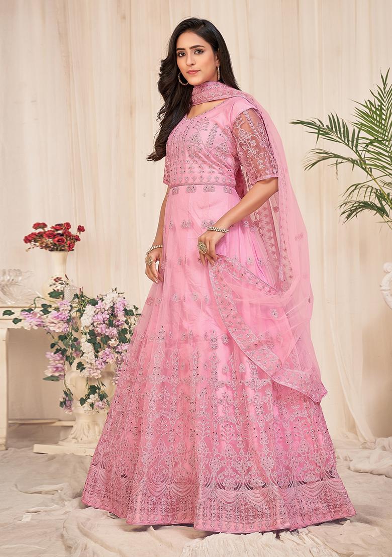 Dusty Pink Net Embroidered Anarkali Set With Dupptta