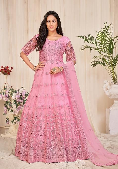 Dusty Pink Net Embroidered Anarkali Set With Dupptta