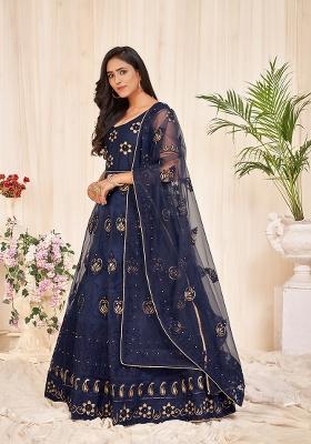 Navy Blue Net Embroidered Anarkali Set With Dupptta