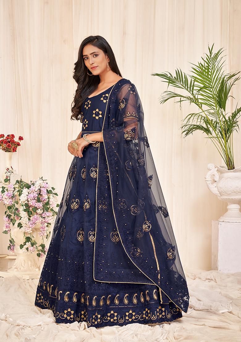Navy Blue Net Embroidered Anarkali Set With Dupptta