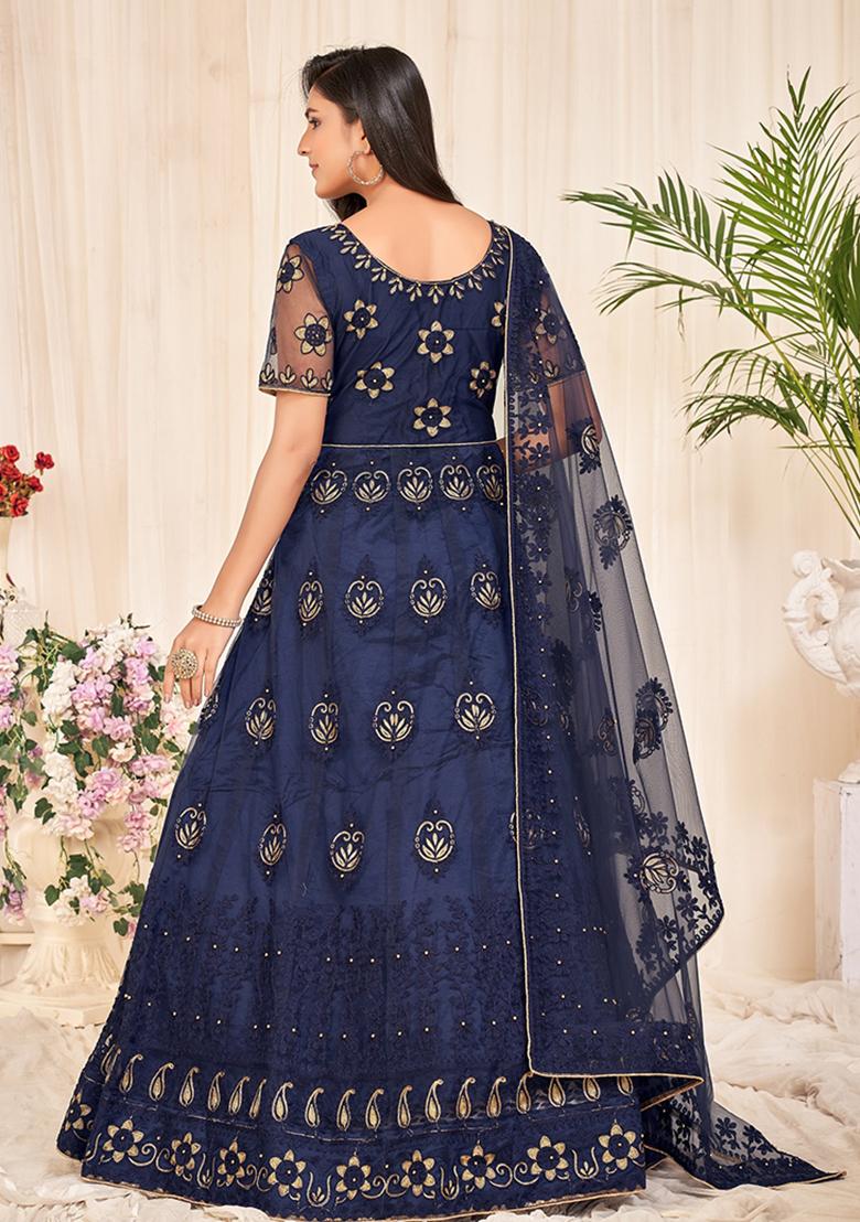 Navy Blue Net Embroidered Anarkali Set With Dupptta