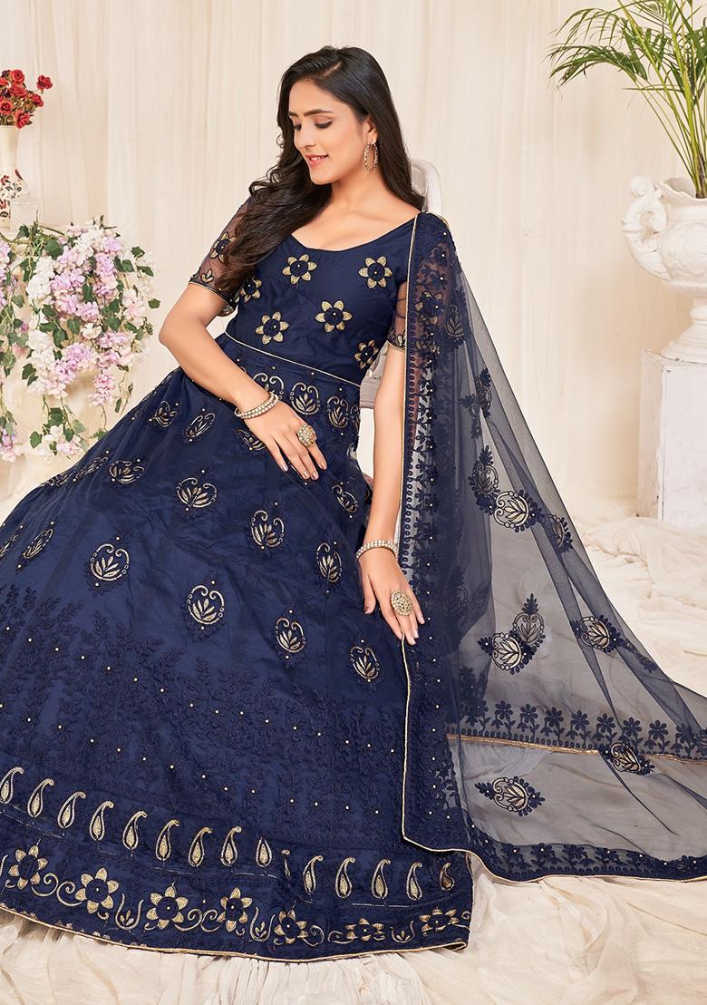 Navy Blue Net Embroidered Anarkali Set With Dupptta