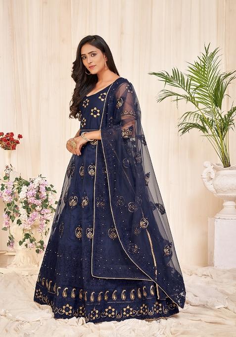 Navy Blue Net Embroidered Anarkali Set With Dupptta