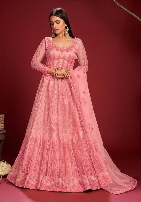 Pink Net Embroidered Anarkali Set With Dupptta