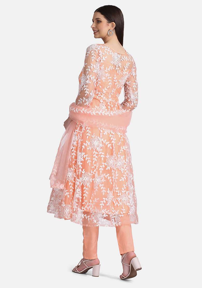 Peach Embroidered Net A Line Kurta Set - Indya