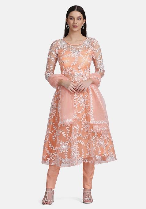 Peach Net Embroidered Anarkali Set With Dupptta