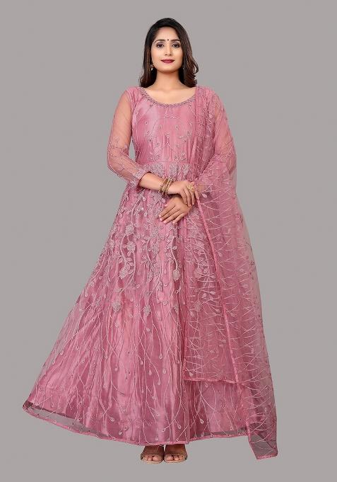 Dusty Net Embroidered Anarkali Set With Dupptta