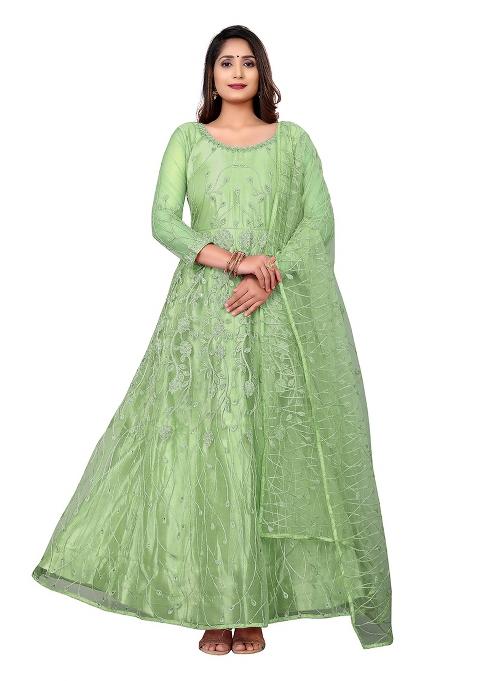 Parrot Freen Net Embroidered Anarkali Set With Dupptta