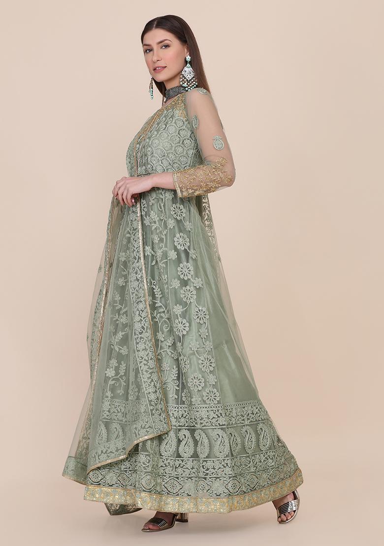 Light Green Net Embroidered Anarkali Set With Dupptta