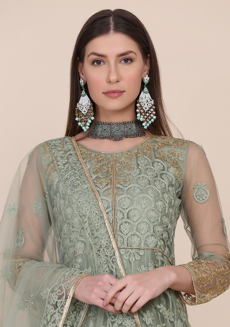 Light Green Net Embroidered Anarkali Set With Dupptta