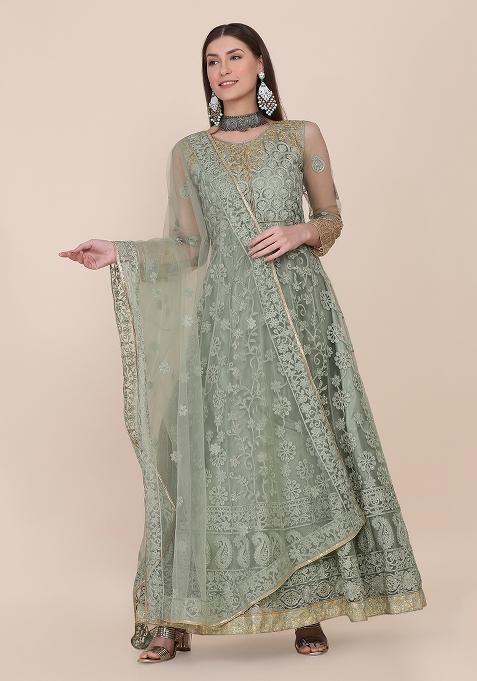 Light Green Net Embroidered Anarkali Set With Dupptta