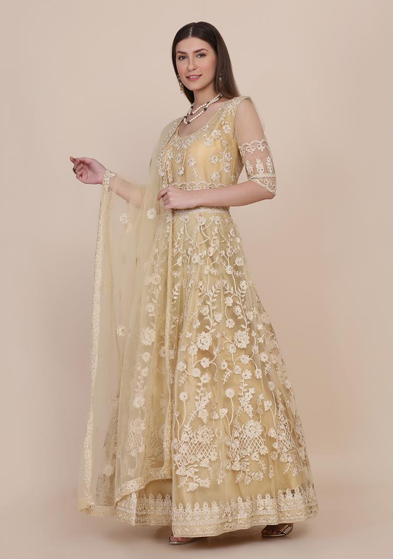 Cream Net Embroidered Anarkali Set With Dupptta