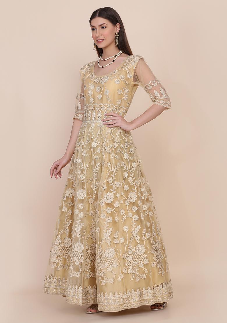 Cream Net Embroidered Anarkali Set With Dupptta