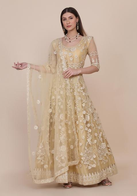 Cream Net Embroidered Anarkali Set With Dupptta