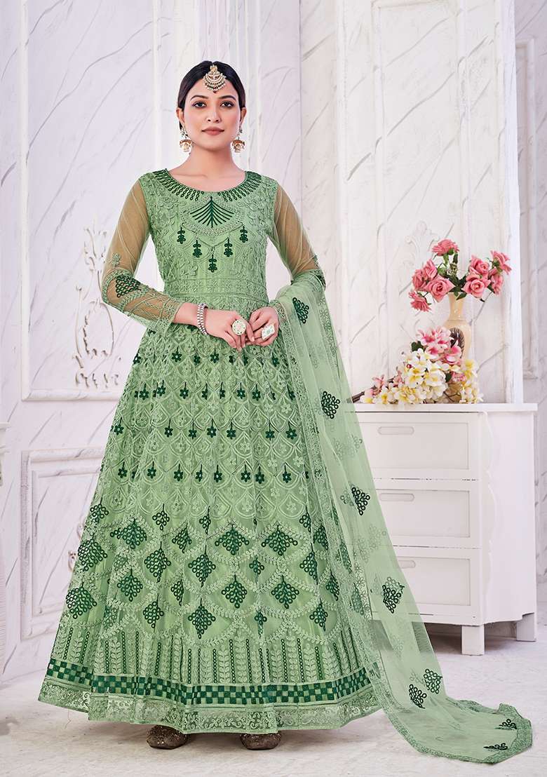 Green Embroidered Net Anarkali With Dupatta - Indya