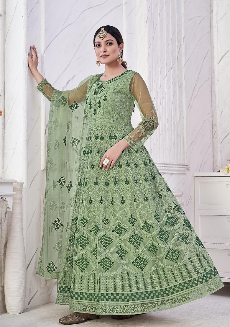 Green Net Embroidered Anarkali Set With Dupptta