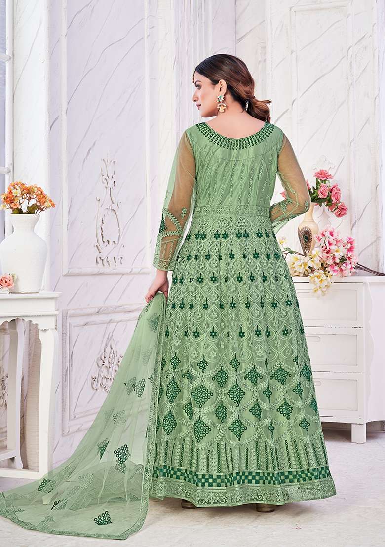 Green Embroidered Net Anarkali With Dupatta - Indya