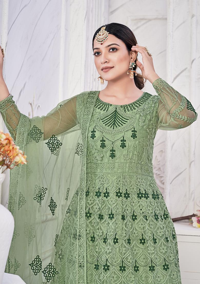 Green Net Embroidered Anarkali Set With Dupptta