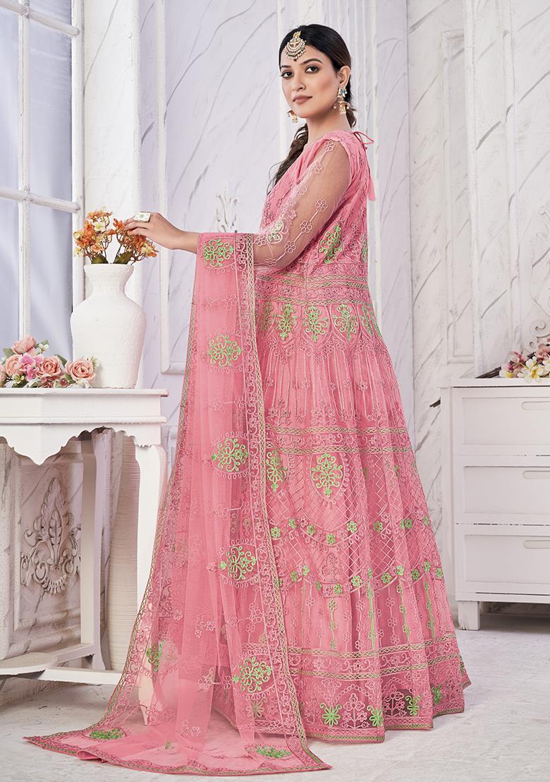 Pink Net Embroidered Anarkali Set With Dupptta