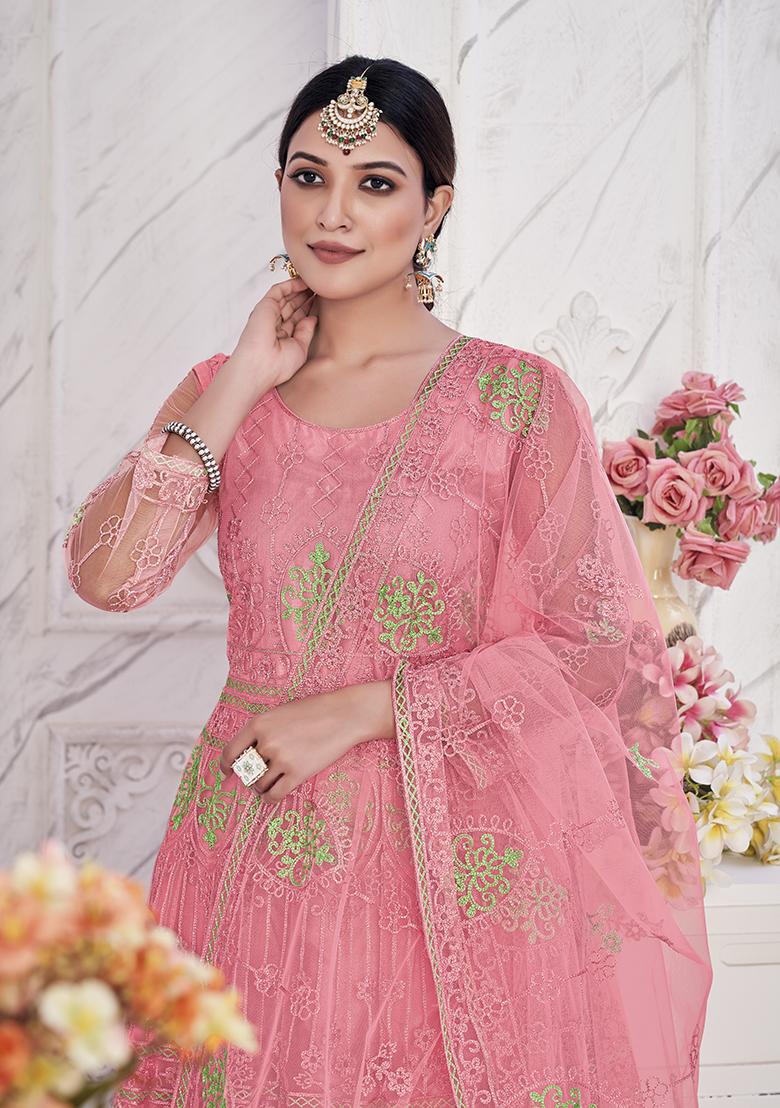 Pink Net Embroidered Anarkali Set With Dupptta