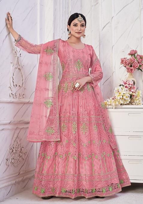 Pink Net Embroidered Anarkali Set With Dupptta
