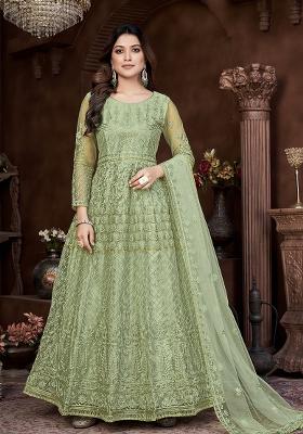 Green Net Embroidered Anarkali Set With Dupptta