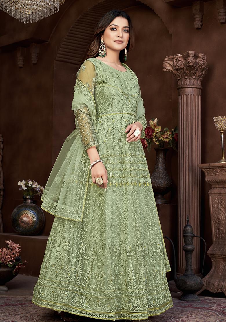 Green Net Embroidered Anarkali Set With Dupptta