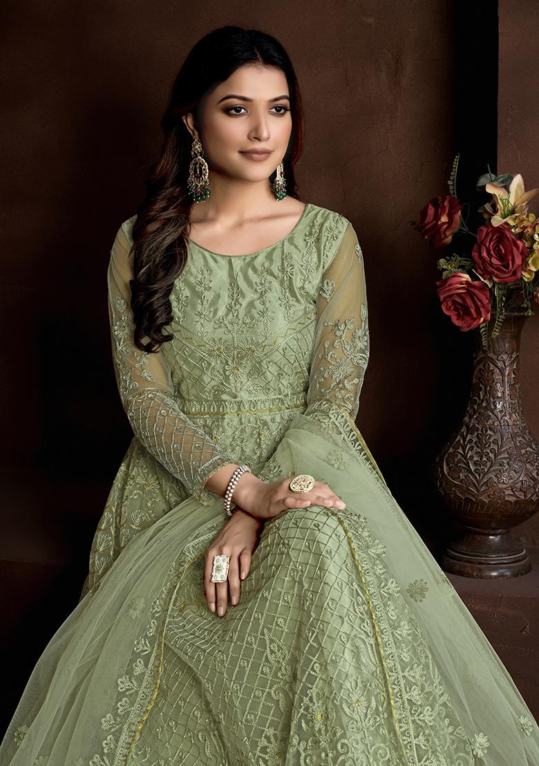 Green Net Embroidered Anarkali Set With Dupptta