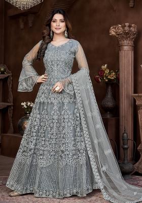 Grey Net Embroidered Anarkali Set With Dupptta