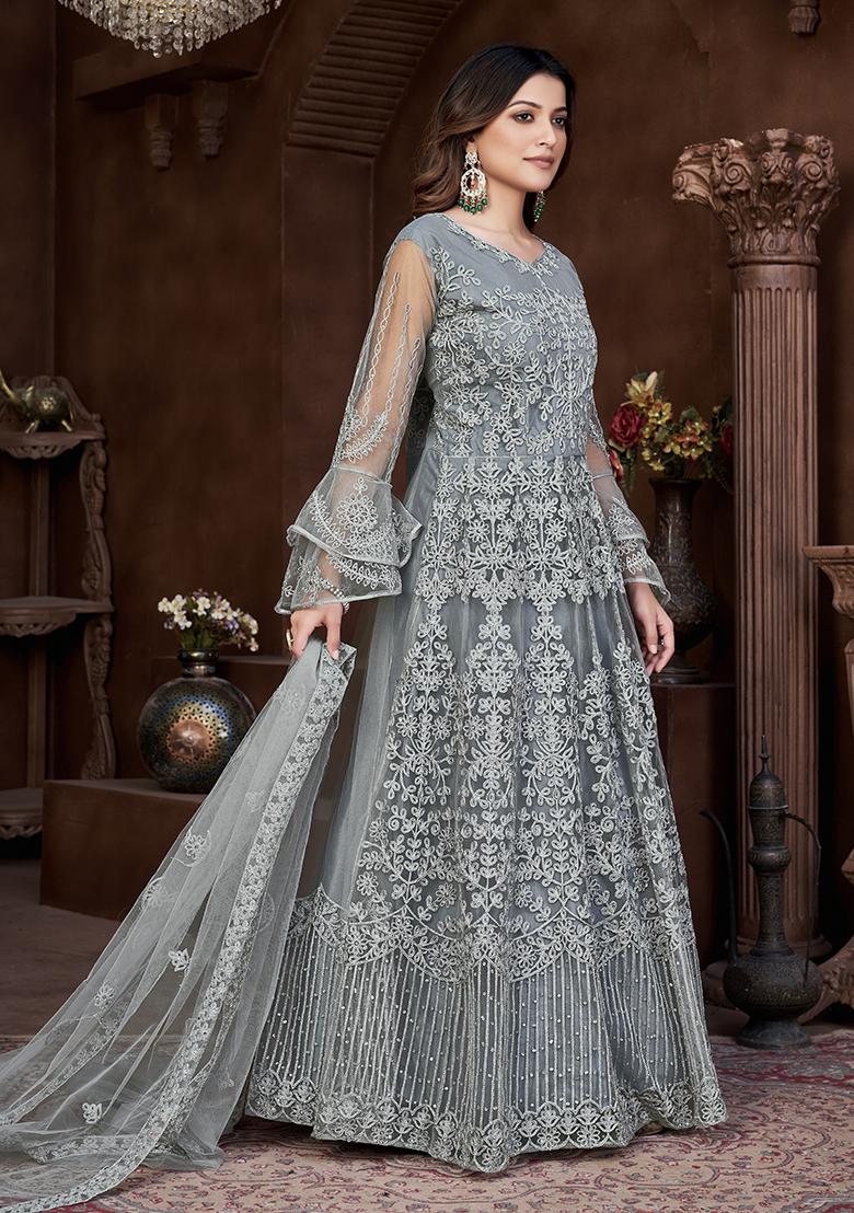 Grey Net Embroidered Anarkali Set With Dupptta