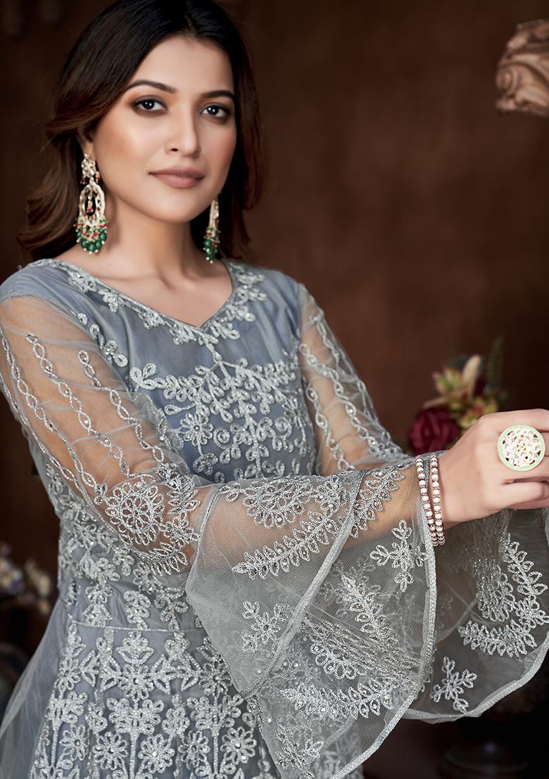 Grey Net Embroidered Anarkali Set With Dupptta