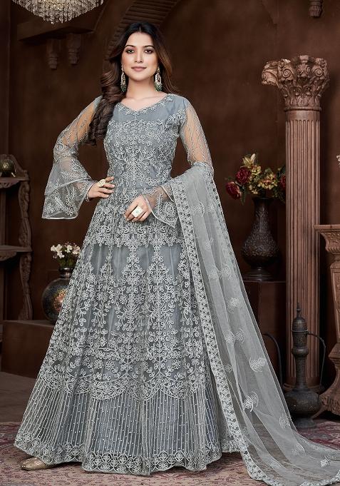 Grey Net Embroidered Anarkali Set With Dupptta