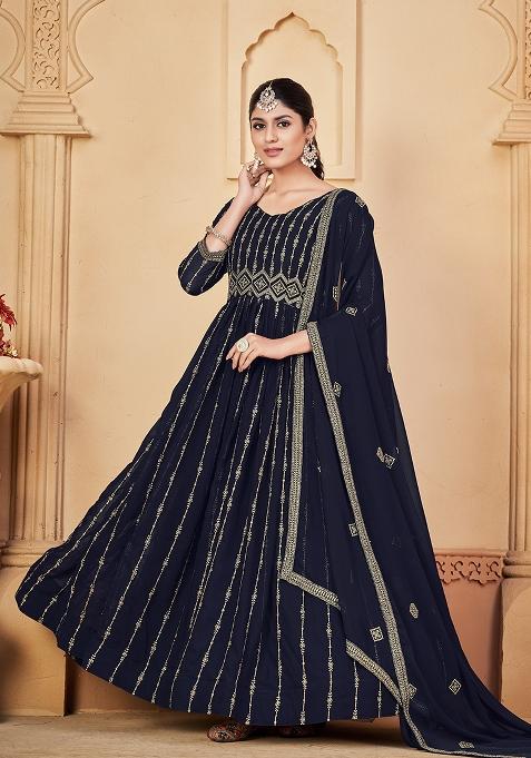 Blue Georgette Embroidered Anarkali Set With Dupptta