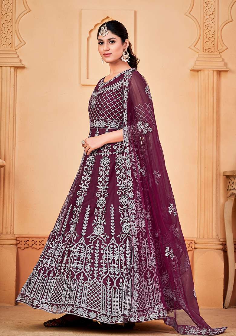 Purple Embroidered Net Anarkali With Dupatta - Indya