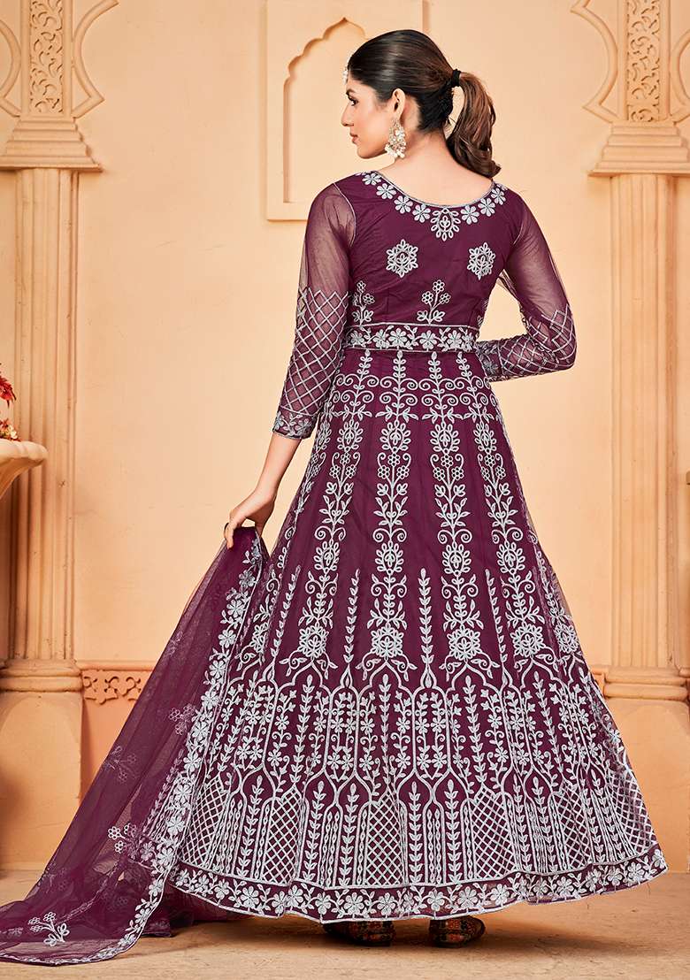 Purple Embroidered Net Anarkali With Dupatta - Indya