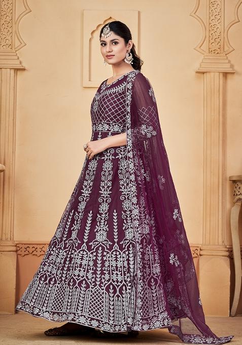 Purple Net Embroidered Anarkali Set With Dupptta