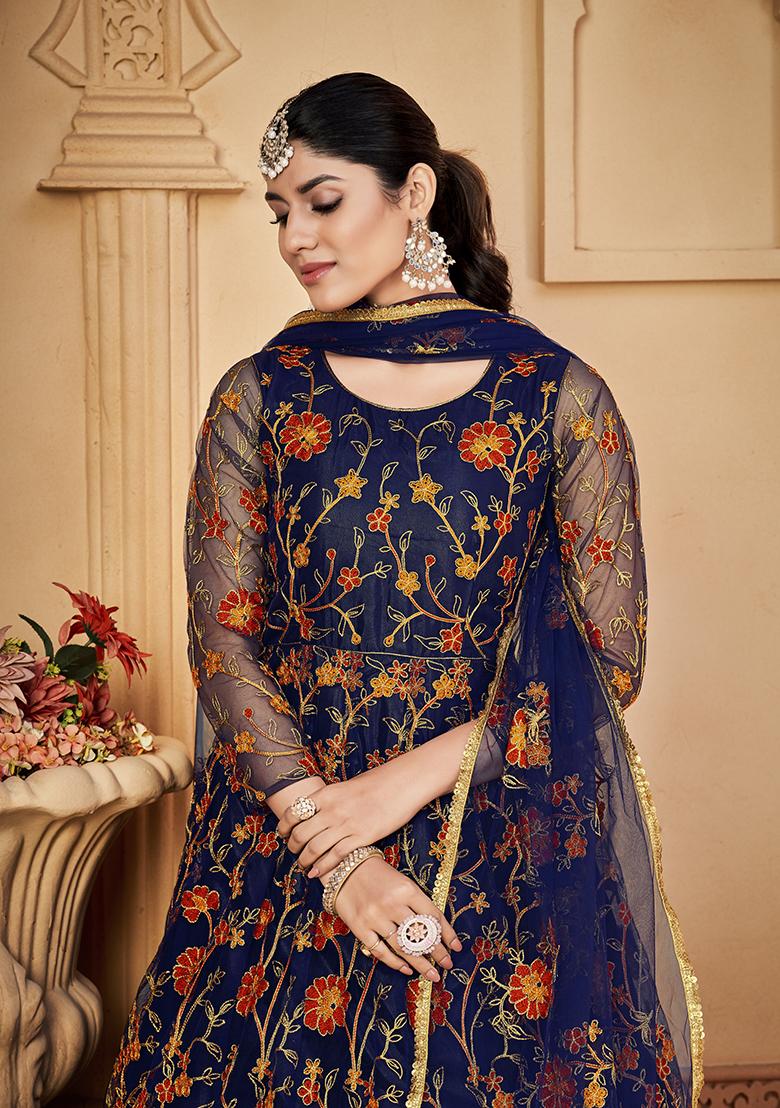 Blue Net Embroidered Anarkali Set With Dupptta