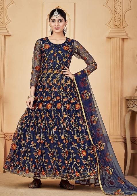 Blue Net Embroidered Anarkali Set With Dupptta