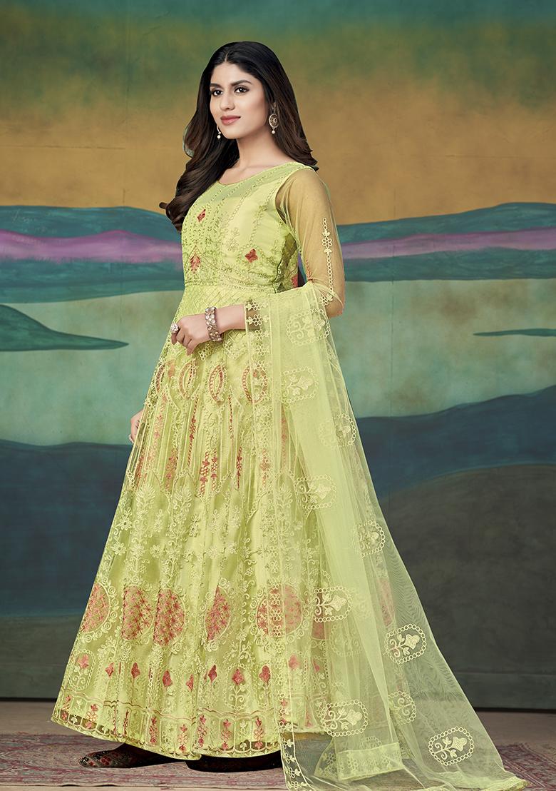 Yellow Net Embroidered Anarkali Set With Dupptta