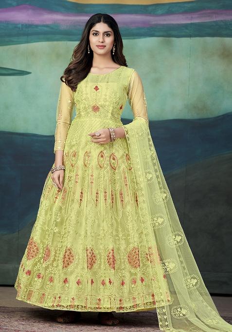 Yellow Net Embroidered Anarkali Set With Dupptta