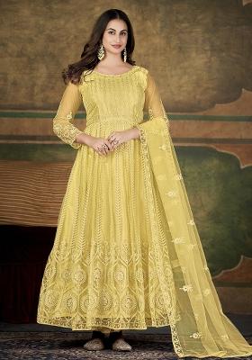 Cream Net Embroidered Anarkali Set With Dupptta