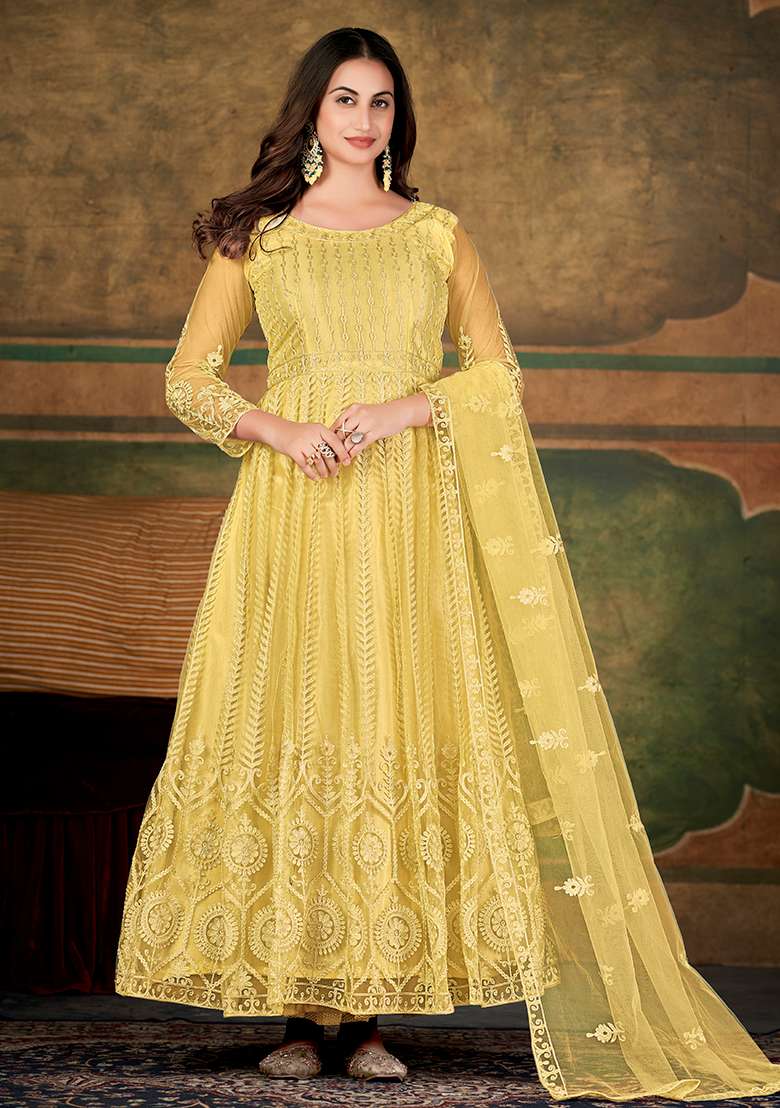 Cream Chikankari Net Anarkali With Dupatta - Indya