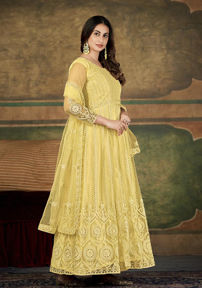 Cream Net Embroidered Anarkali Set With Dupptta