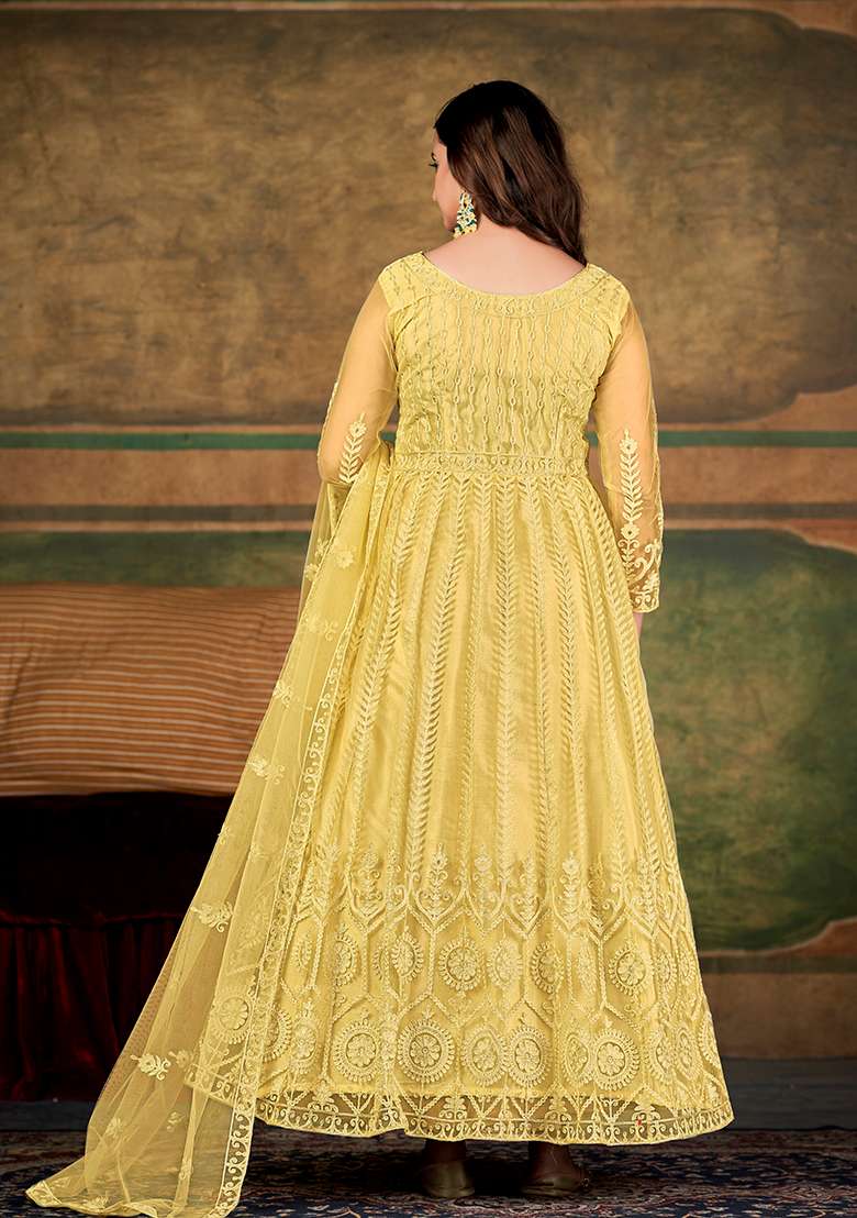 Cream Chikankari Net Anarkali With Dupatta - Indya